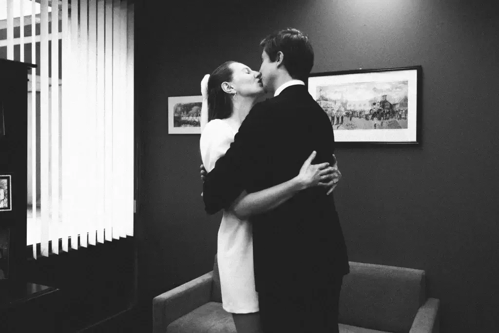 Black and white Boston City Hall wedding photo